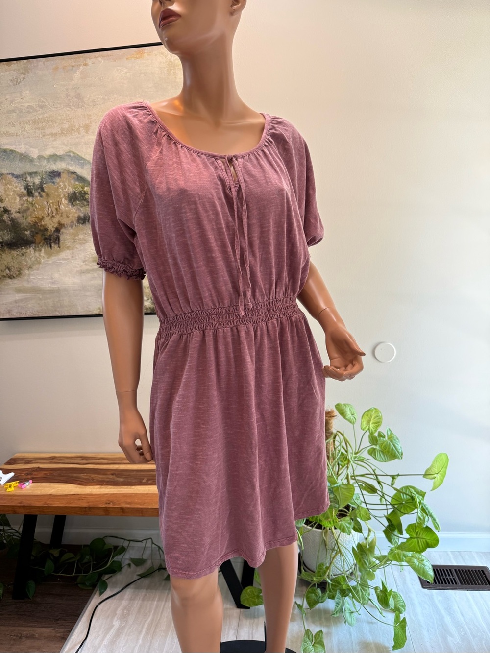 Falls Creek Mauve textured Short Sleeve Smocked-Waist Midi Dress XL nwot